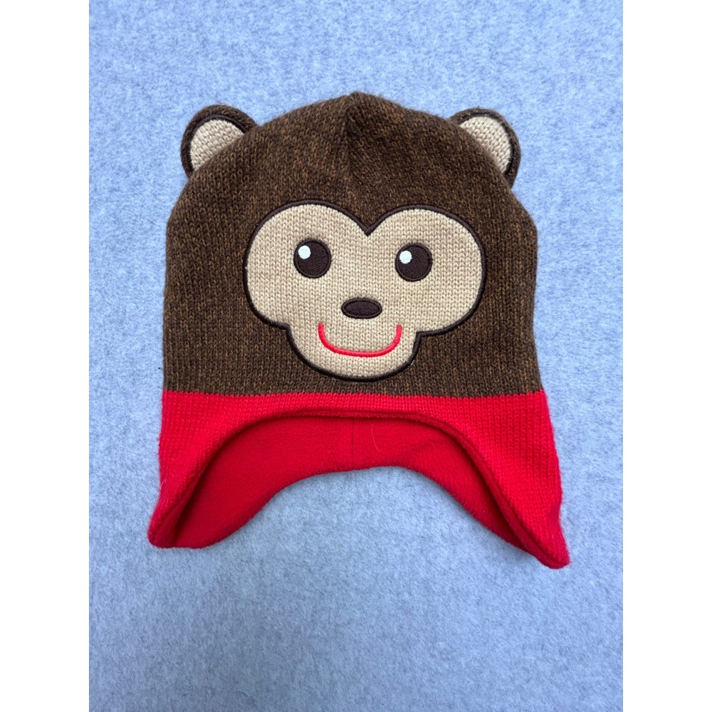 Healthtex Toddler Monkey Knit Beanie Fleece Lined Earflap Hat Brown Red 2T-5T